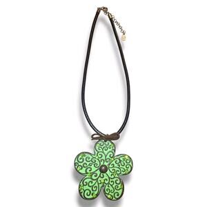 Vintage You&I Green & Brown‎ Flower Pendant Black Faux Leather Necklace 16-18"